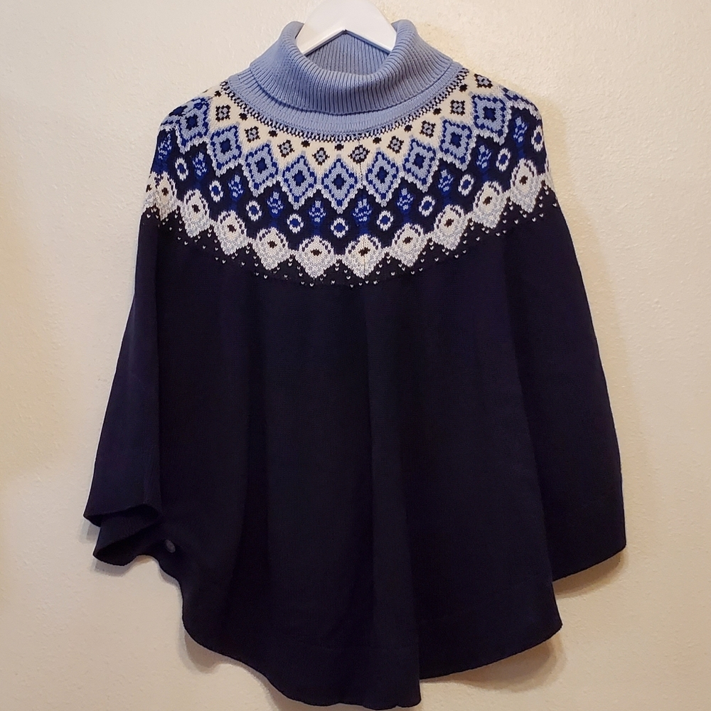 Talbots turtleneck sweater fair isle poncho - blue